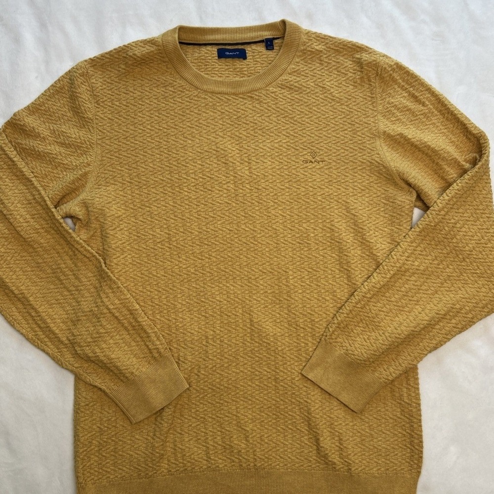 GANT Men's Mustard Knit‎ Crewneck Sweater Large Textured Pullover Cotton